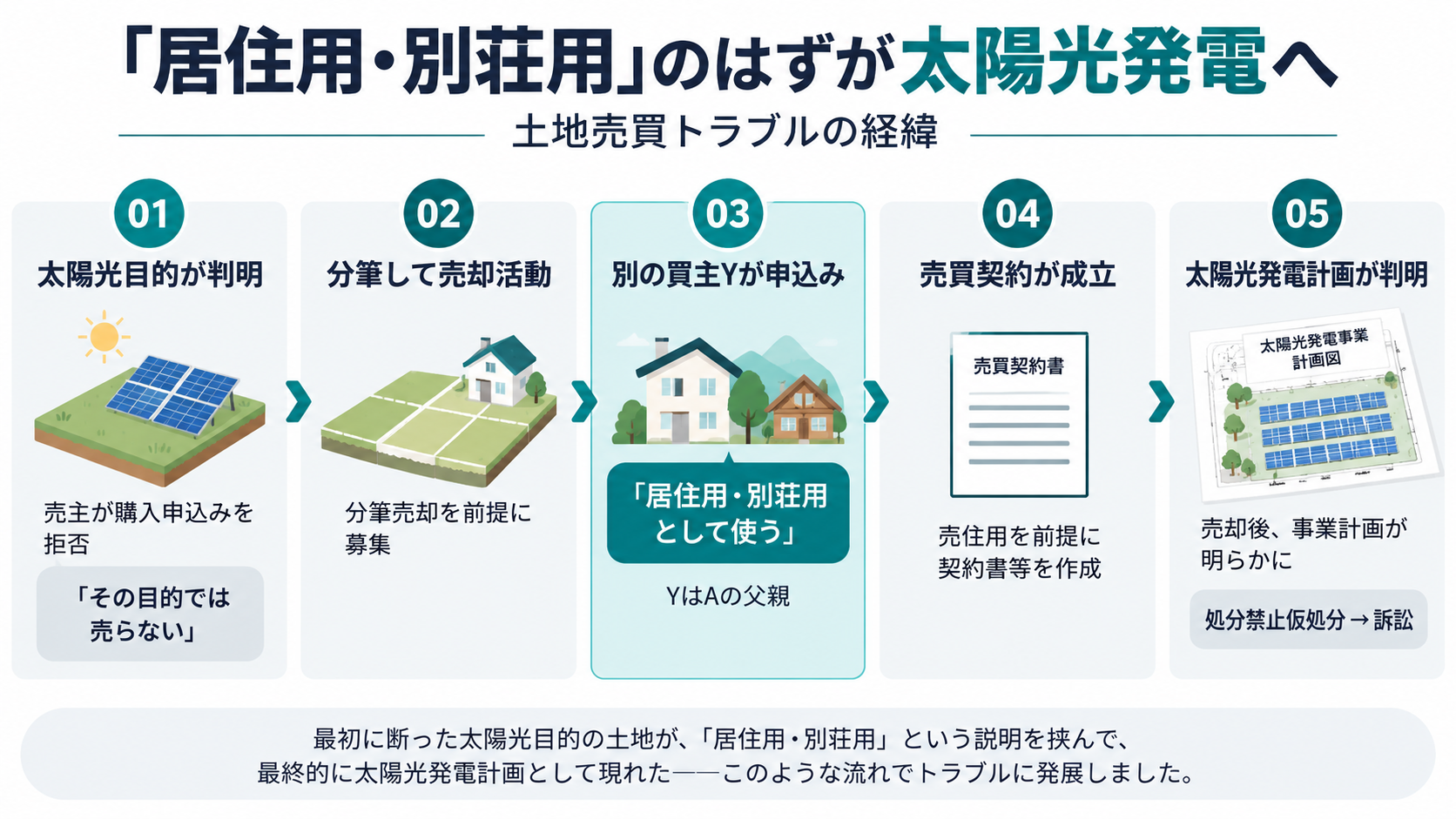 太陽光発電目的の申込みを売主が断り、別の買主Yから居住用・別荘用との説明を受けて売却した後、太陽光発電計画が判明するまでの経緯