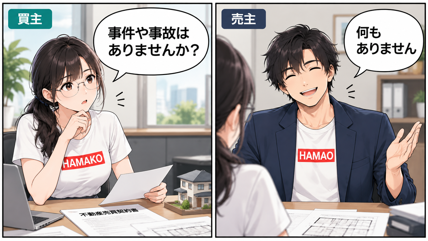 事件や事故の有無を確認する買主と「何もない」と答える売主の漫画