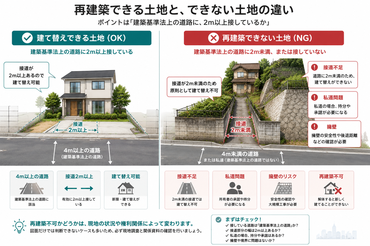 再建築できる土地と再建築できない土地の違いを示す比較図