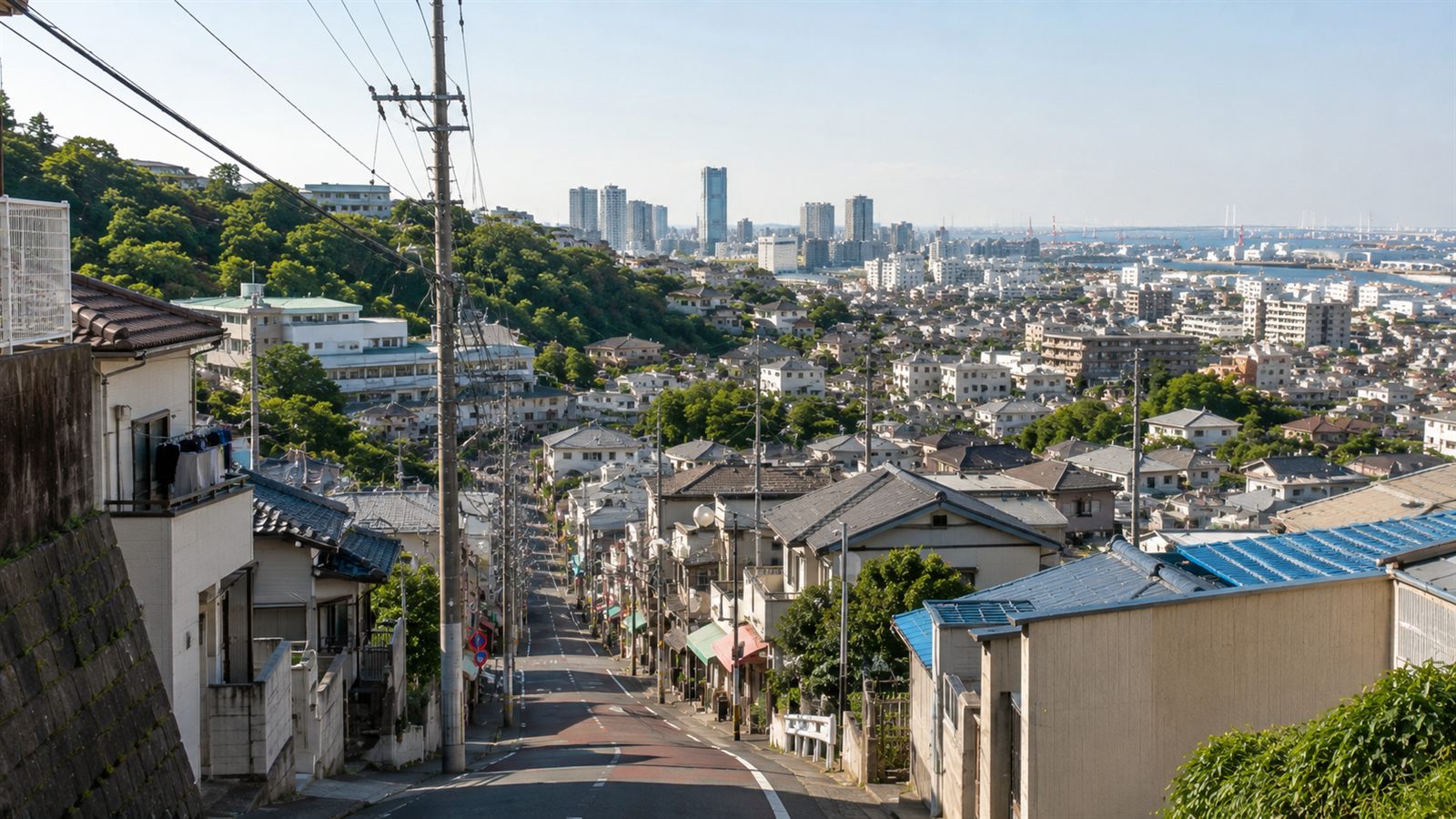 横浜市神奈川区の坂道、低層住宅、都市部と海側エリアが見える地域風景