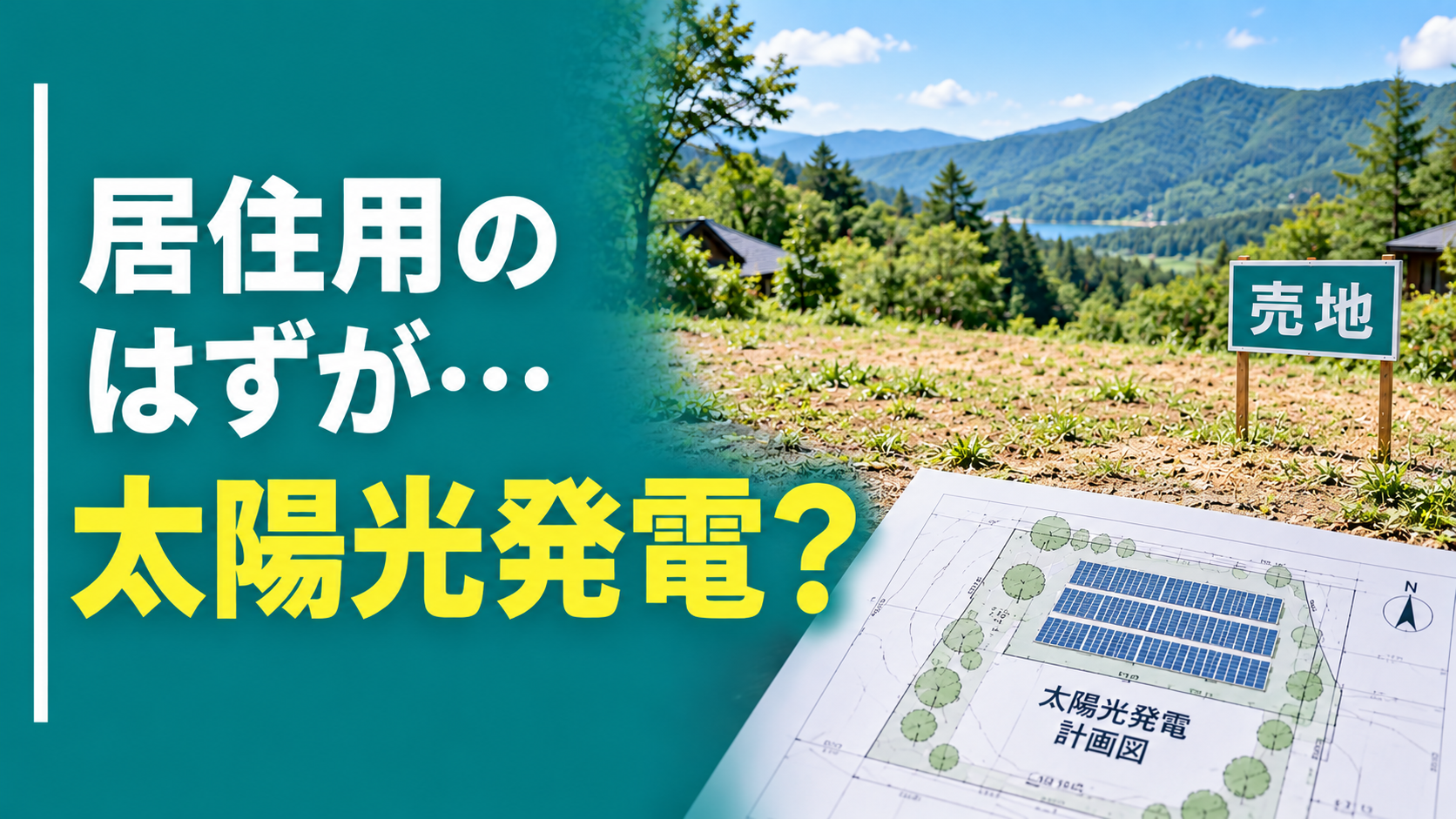 「居住用のはずが…太陽光発電？」の文字と、山あいの売地・太陽光発電計画図