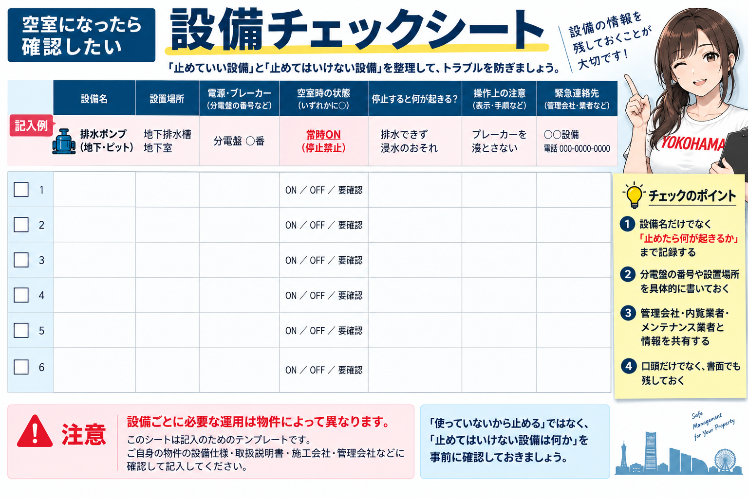空室時の設備名・設置場所・電源・空室時の状態・停止時リスク・操作上の注意・緊急連絡先を整理する設備チェックシート
