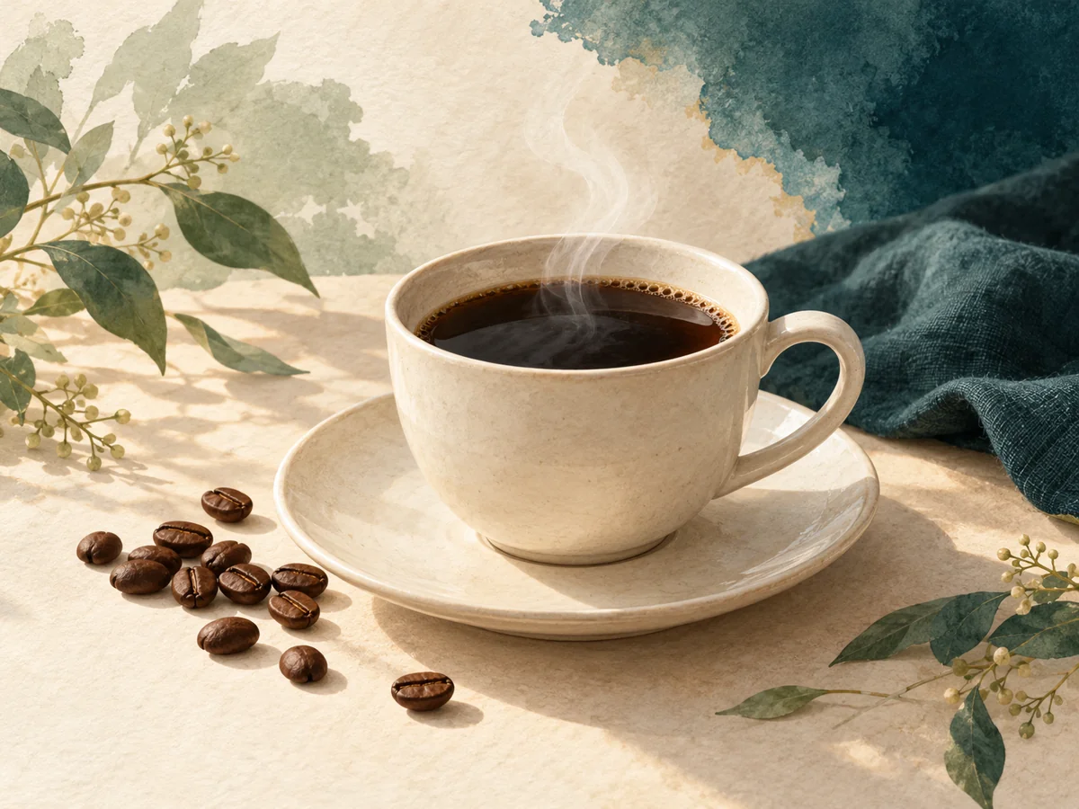 コーヒーカップと豆のAIイメージ。実際の店舗・商品ではありません。