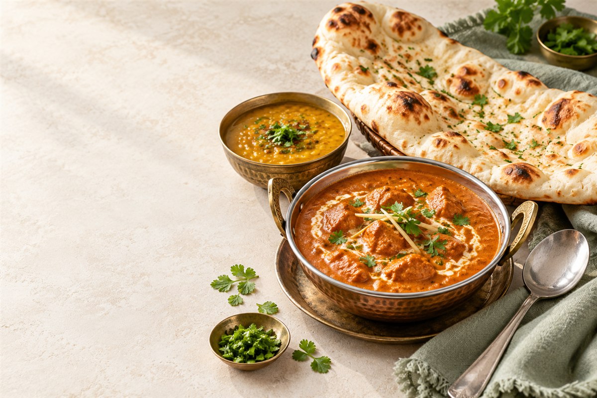 カレーとナンの食卓を描いたAIイメージ。実際の店舗・商品ではありません。